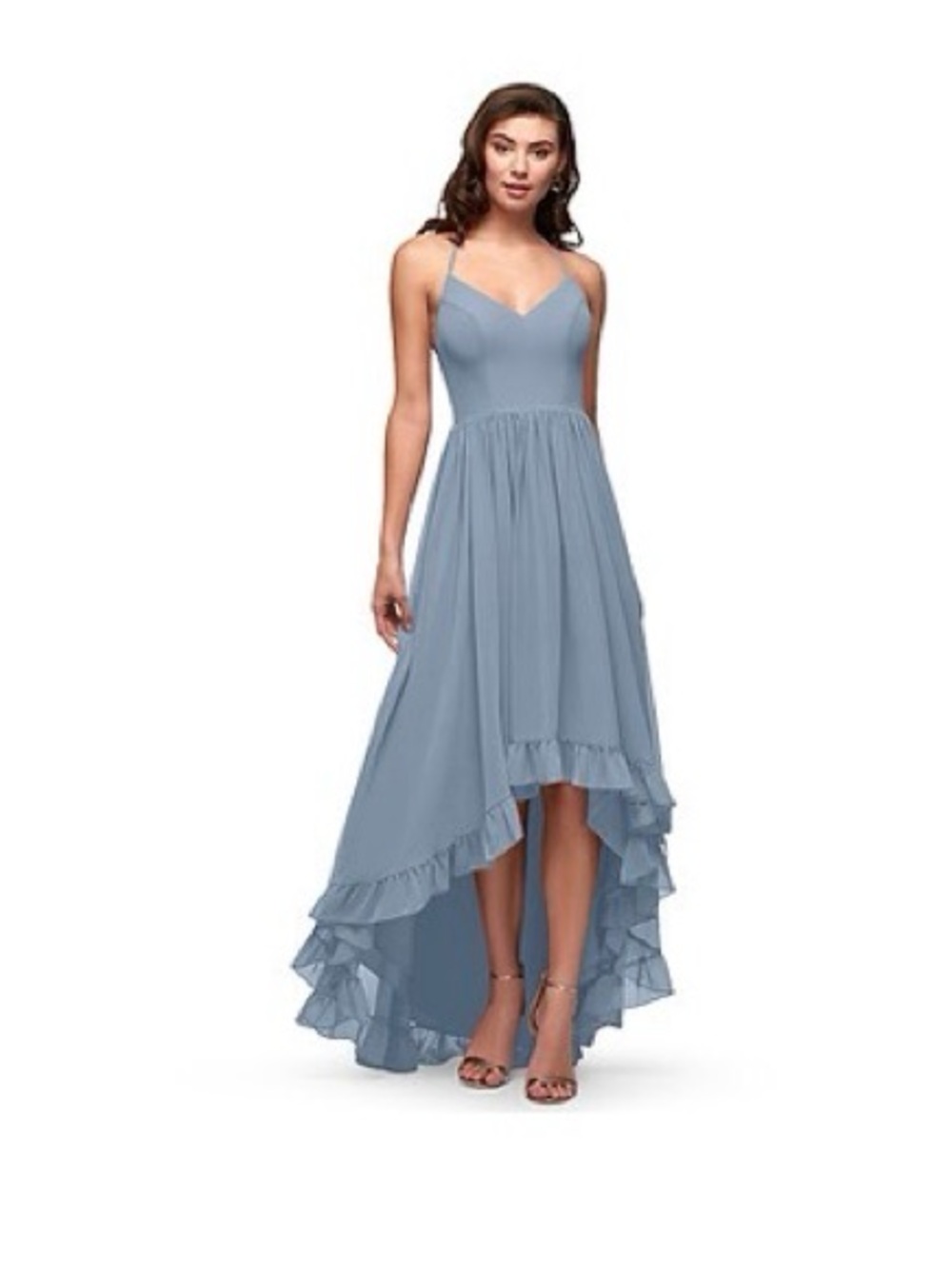 Azazie Sarafina Dusty Blue High-Low Ruffle bridesmaid dress